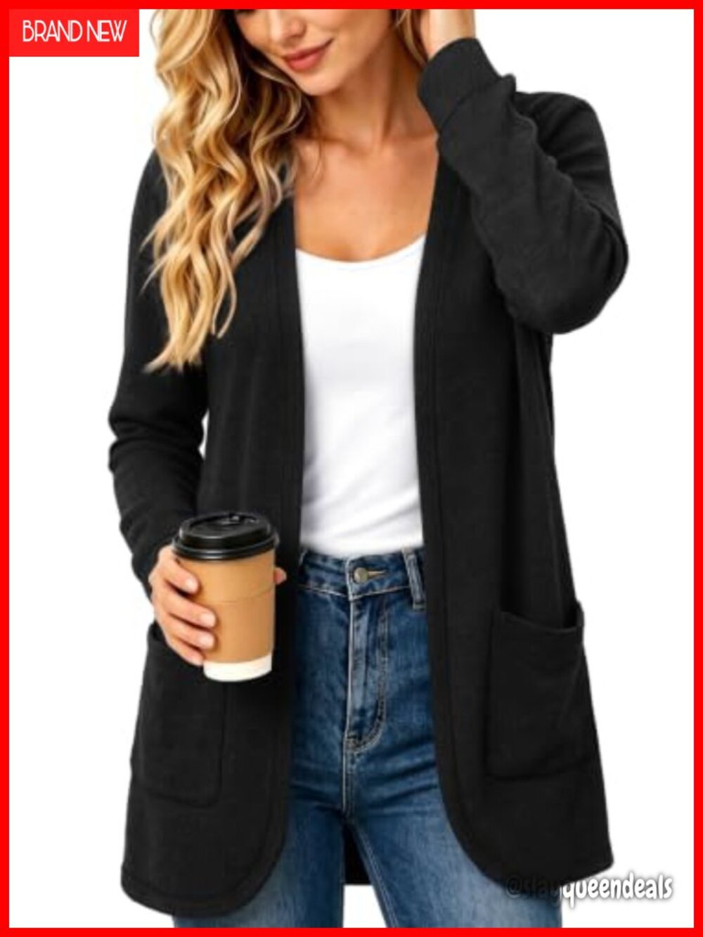 Womens Open Front Cardigan Casual Long Sleeve Knit Sweater with Pockets
